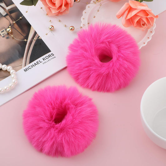 Lusofie 2Pcs Hot Pink Fuzzy Hair Ties Shaggy Pom Pom Hair Scrunchies Artificial Rabbit Fur Hair Bobbles Hair Bands Hot Pink Plushy Ponytail Holders for Girl Women