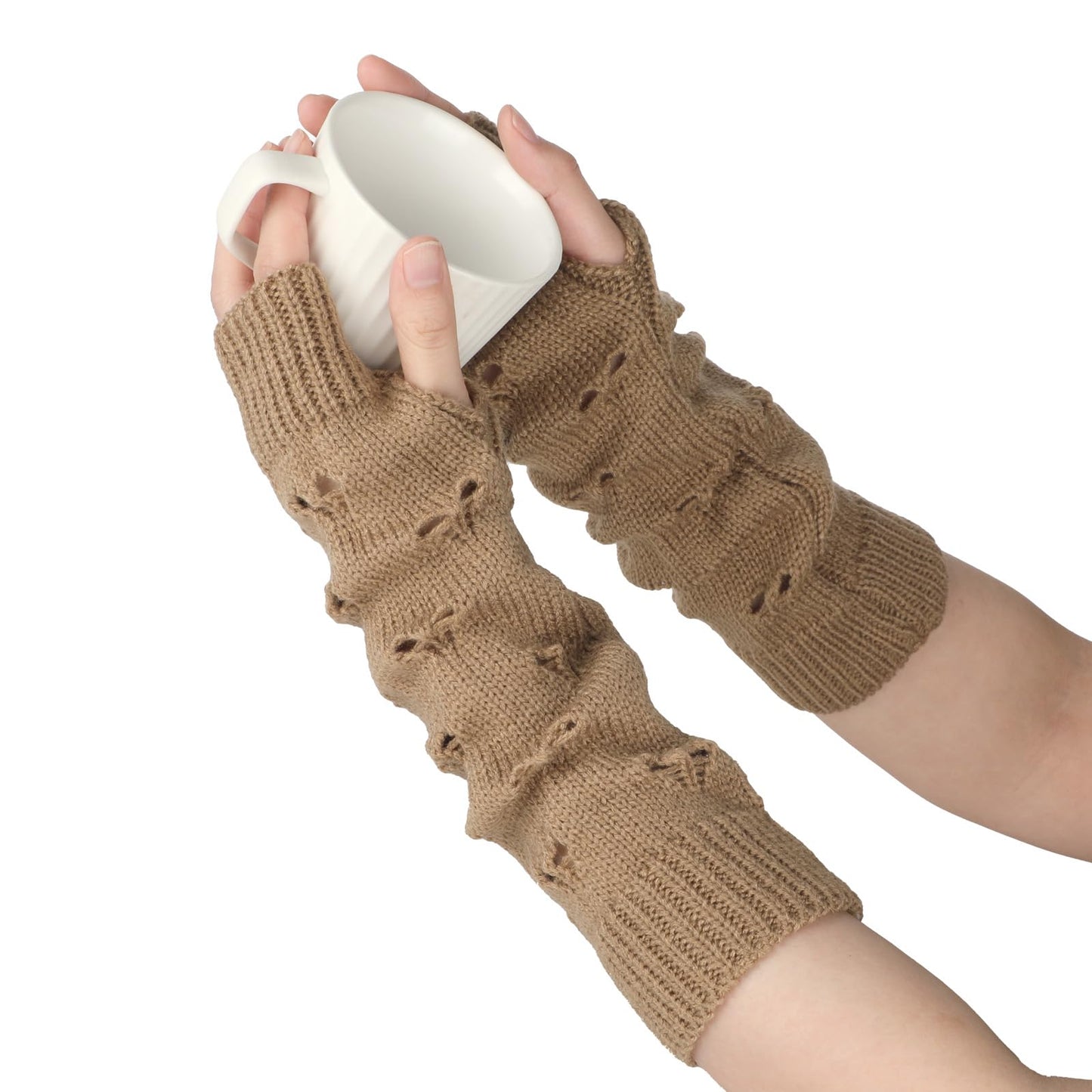 Lusofie Fingerless Gloves for Women Winter Arm Warmers Ripped Glove with Thumb Hole Y2k Fingerless Gloves Brown Crochet Grunge Aesthetic Arm Warmers