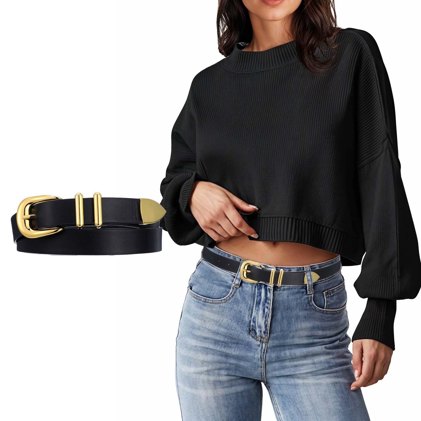 Telooco Elegant Women's Belt, Simple European-American Style, Black & Gold PU Leather with Zinc Alloy Buckle