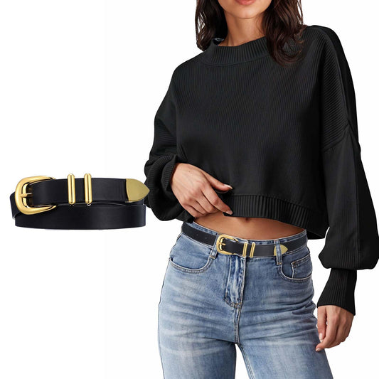 Telooco Elegant Women's Belt, Simple European-American Style, Black & Gold PU Leather with Zinc Alloy Buckle