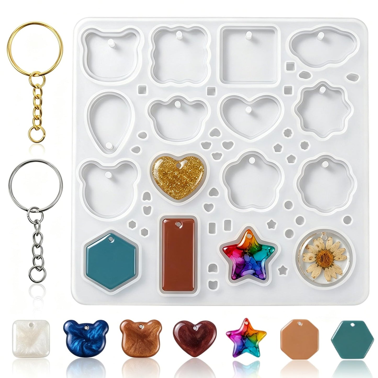 16-Cavity Resin Keychain Molds with Hole Silicone Keychain Mold
