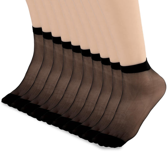Telooco 10 Pairs Nylon Pop Socks Women Sheer Ankle High Socks Silky Breathable Hosier for Women and Girls(Black)