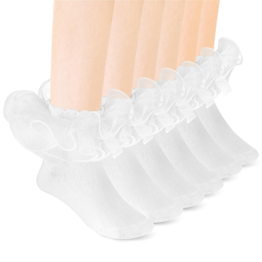 Yolev 3Pack Women Ankle Socks Lace Ruffle White Princess Eyelet Lace Socks Shimmering Cute Ruffle Comfortable Frilly Dress Ankle Socks