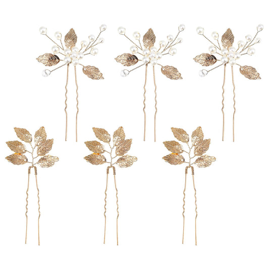 6Pcs Bridal Hair Pins Gold Pearl Rhinestone Hair Accessories for Wedding Flower Hair Pins for Bride Prom Party (2 Styles)