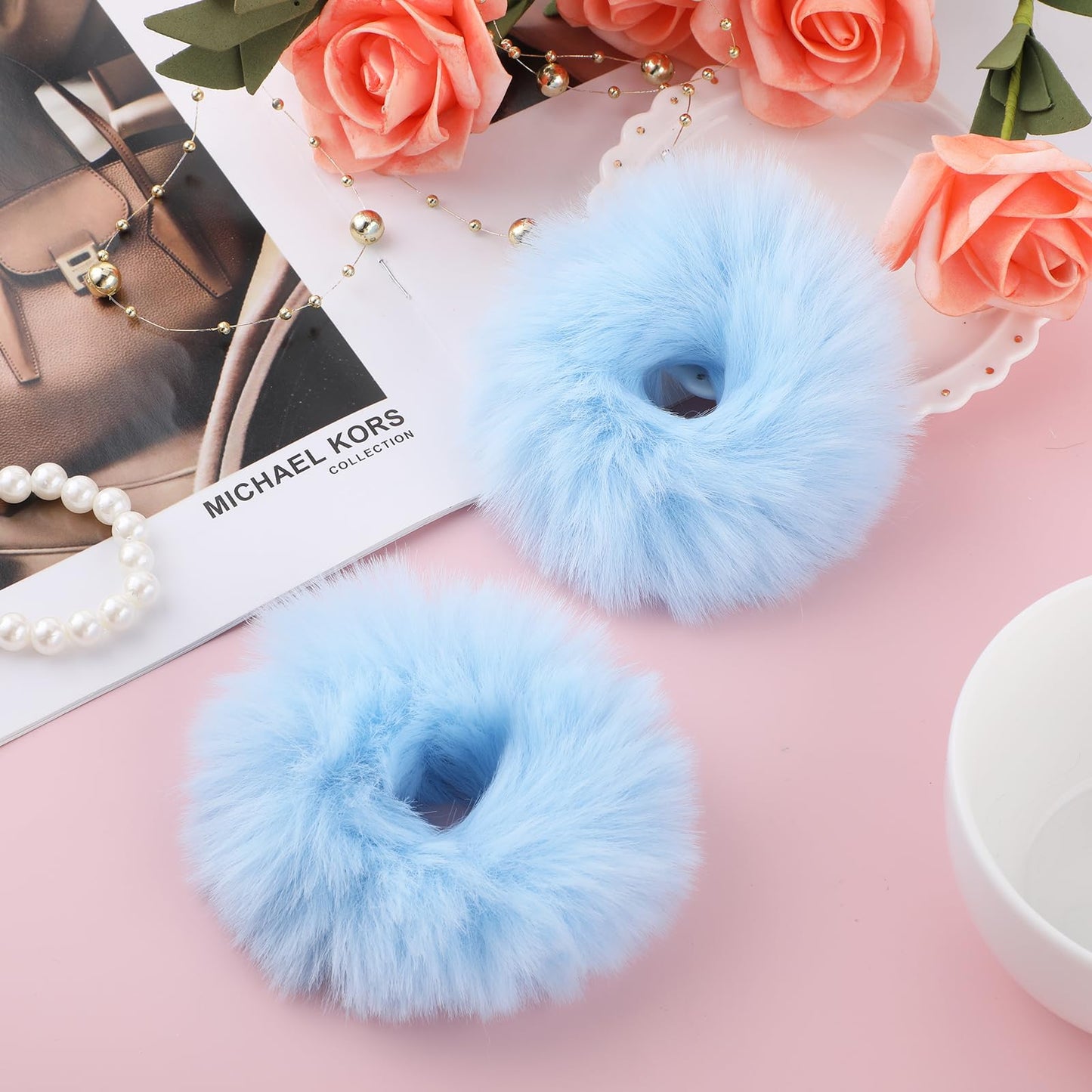 Lusofie 2Pcs Blue Fuzzy Hair Ties Shaggy Pom Pom Hair Scrunchies Artificial Rabbit Fur Hair Bobbles Hair Bands Blue Plushy Ponytail Holders for Girl Women
