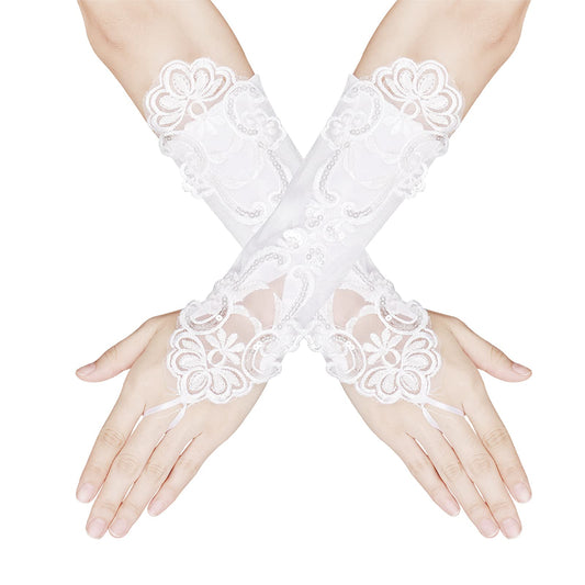 Women's Fingerless Lace Gloves Short Embroidered Opera Gloves 1920s Gloves Bridal Satin Lace Gloves For Wedding Party Masquerade Opera Halloween(White)