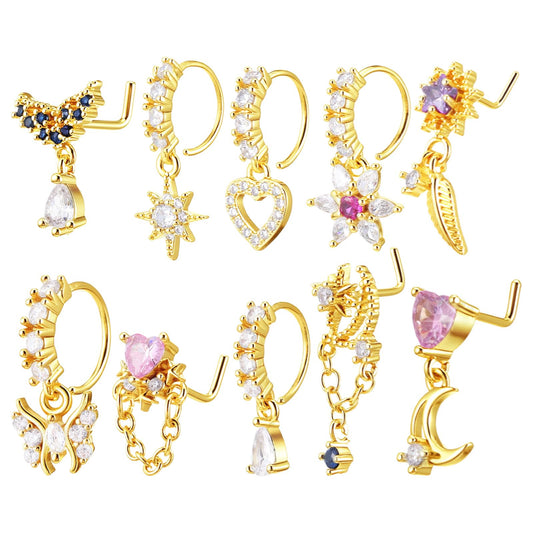 HaiFafafaing 10 PCS Dangle Nose Ring Hoop, 20g L Shaped Nose Ring Studs with Cz,Cute Heart Star Butterfly Moon Shape Noses Piercing Jewelry for Women Gold
