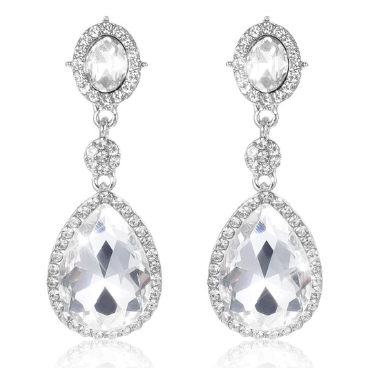 Silver Clip On Earrings For Women, Sparkling Teardrop Dangle Clip Earrings