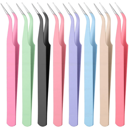 8 Pieces Craft Tweezers - Stainless Steel Curved Pointed Precision Tweezers with Protective Cover - Multifunctional Jewelry Sticker Tweezer for Rhinestones Bedazzling Eyelash Extensions Crafts