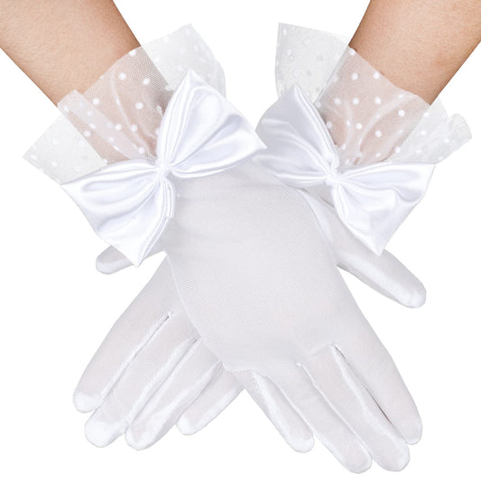 Yolev Ladies Short Lace Gloves Bridal Lace Gloves Tea Party Glove Lace Bow Gloves for Dinner Wedding Prom Halloween Party (White)