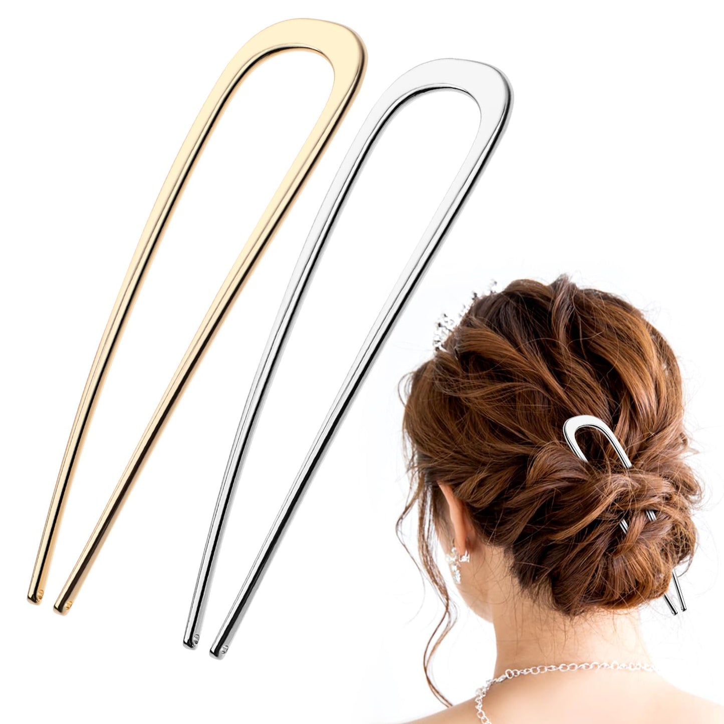 Lusofie 2Pcs French Hair Pins U-Shaped Large Hair Pins Metal 2 Prong Hair Fork French Twist Stick for Women(5.51x 1.38inch, Silver&Gold)
