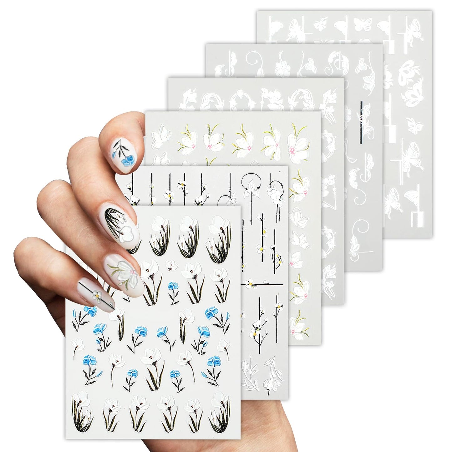 6 Sheets 3D Embossed Spring Flower Nail Art Stickers Self-Adhesive Floral Nail Decals Nail Art DIY Stickers 5D Colorful Floral Nail Art Jewelry Suitable for DIY Nail Art