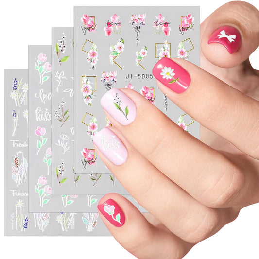 Lusofie Flower Nail Stickers 3D Embossed Floral Nail Art Decals 4 Sheets Self-Adhesive Pegatinas para Uñas Colorful Spring Summer Nail Design Stickers Decoration Accessories
