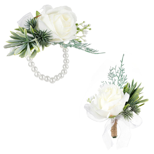 Yolev 2 Pieces White Corsage Wristlet and Boutonniere Set Handmade Artificial Bracelet Button Holes Rose Flower Bracelet for Prom Bride Wedding Bridesmaid Boutonniere for Men