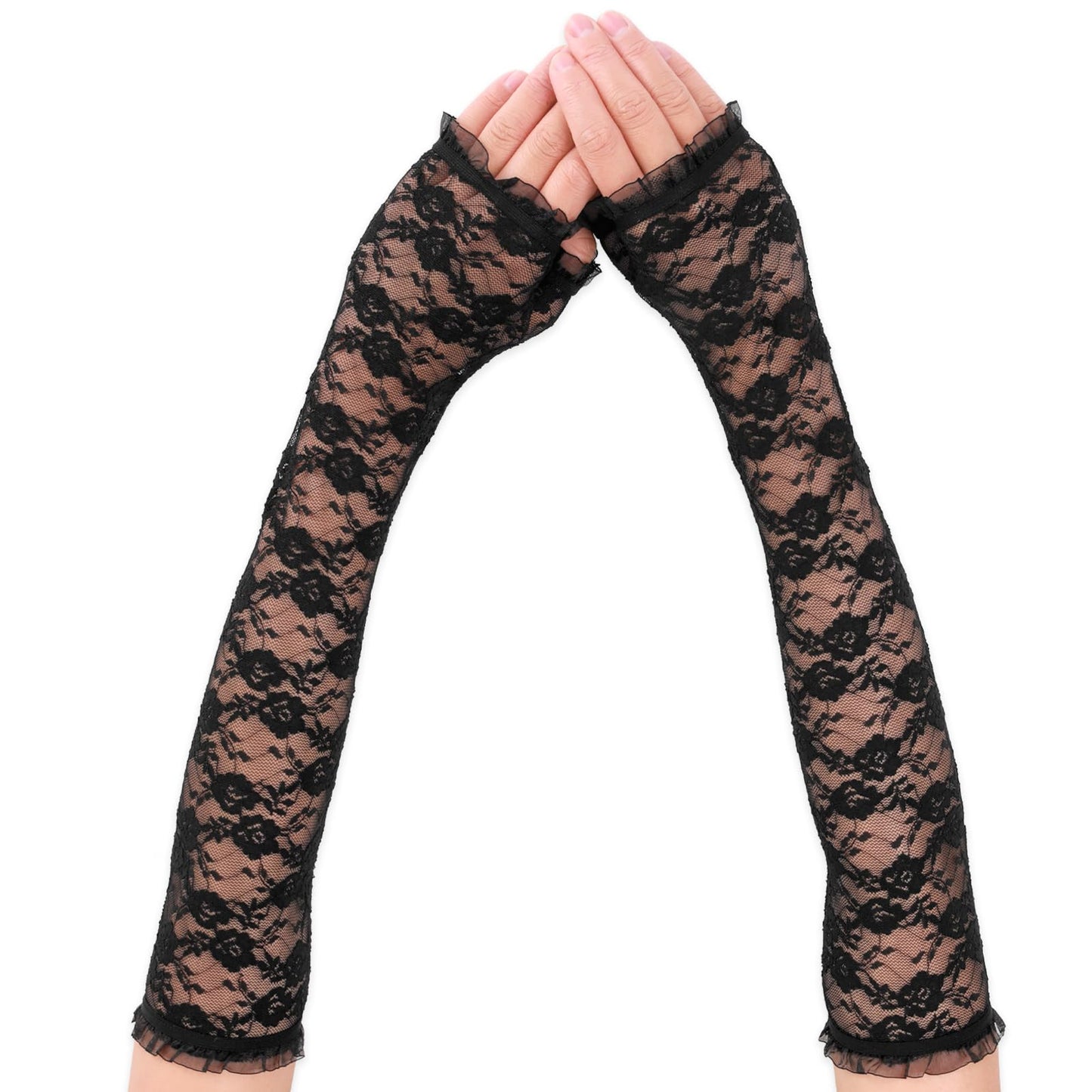 Women's Lace Floral Gloves Long Fingerless Gloves Elbow Length Bridal Gloves for Wedding Banquets Opera Tea Party (Black)