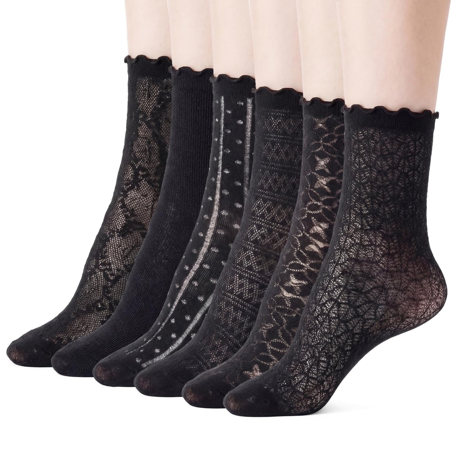 6 Pairs Women's Ruffle Socks, Breathable Lightweight Sexy Mesh Lace Sock