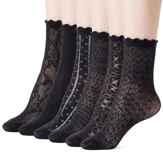 6 Pairs Women's Ruffle Socks, Breathable Lightweight Sexy Mesh Lace Sock