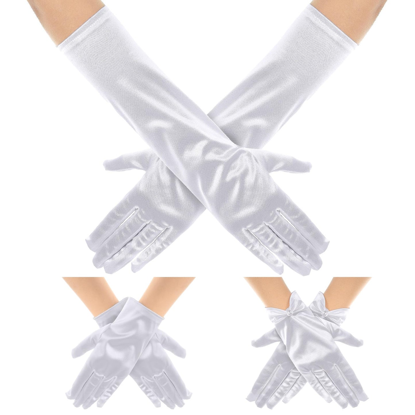 Telooco Women's Satin Gloves, 3PCS Set for Evening Party, Dance, Wedding, Tea Party, Role Play (White, Multiple Sizes)