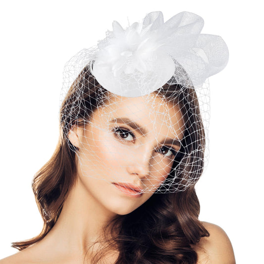 Women's Fascinators Hat Tea Party Headwear with Clip Flower Mesh Headband Derby Hat for Wedding Cocktail (White)