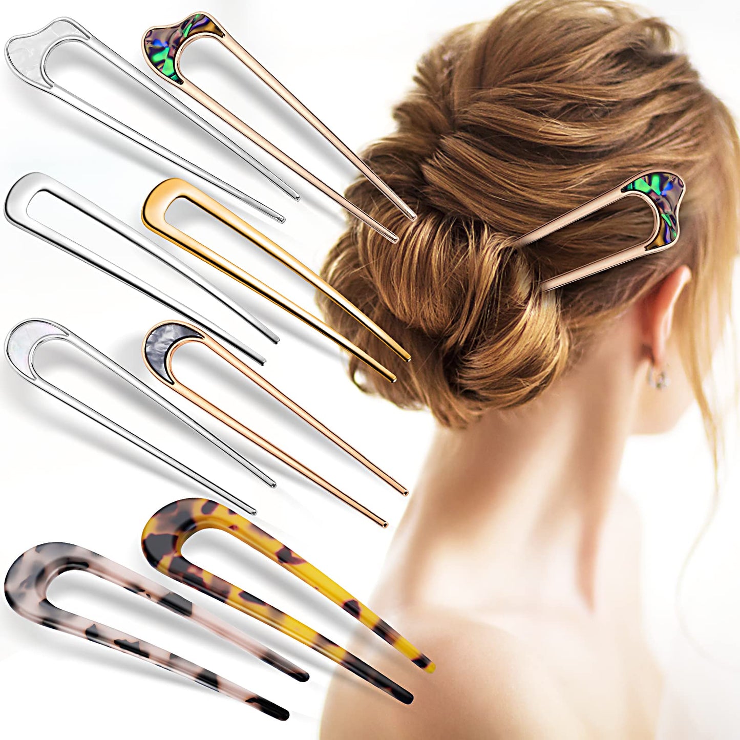 Yolev 8 Pieces French U Shaped Hair Pins Metal Acetate Updo Hair Stick Hair Forks 2 Prong Chignon Pins for Bun Women Hairstyle Accessories