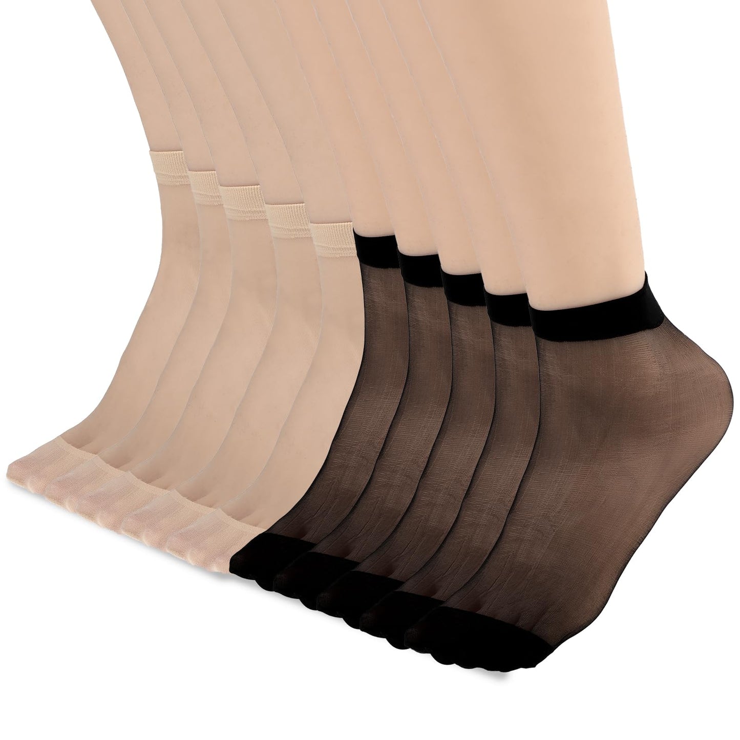 Telooco 10 Pairs Nylon Pop Socks Women Sheer Ankle High Socks Silky Breathable Hosier for Women and Girls(Black and Skin color)