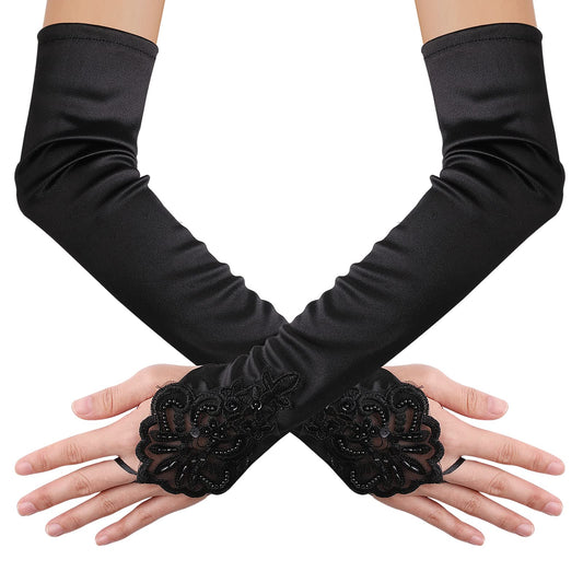 Women's Long Lace Opera Gloves Satin Wedding Bridal Gloves Bridal Dance Gloves Party Stretchy Elbow Length Gloves Fancy Dress Lace Gloves 1920s Gloves for Christmas Halloween(Black)