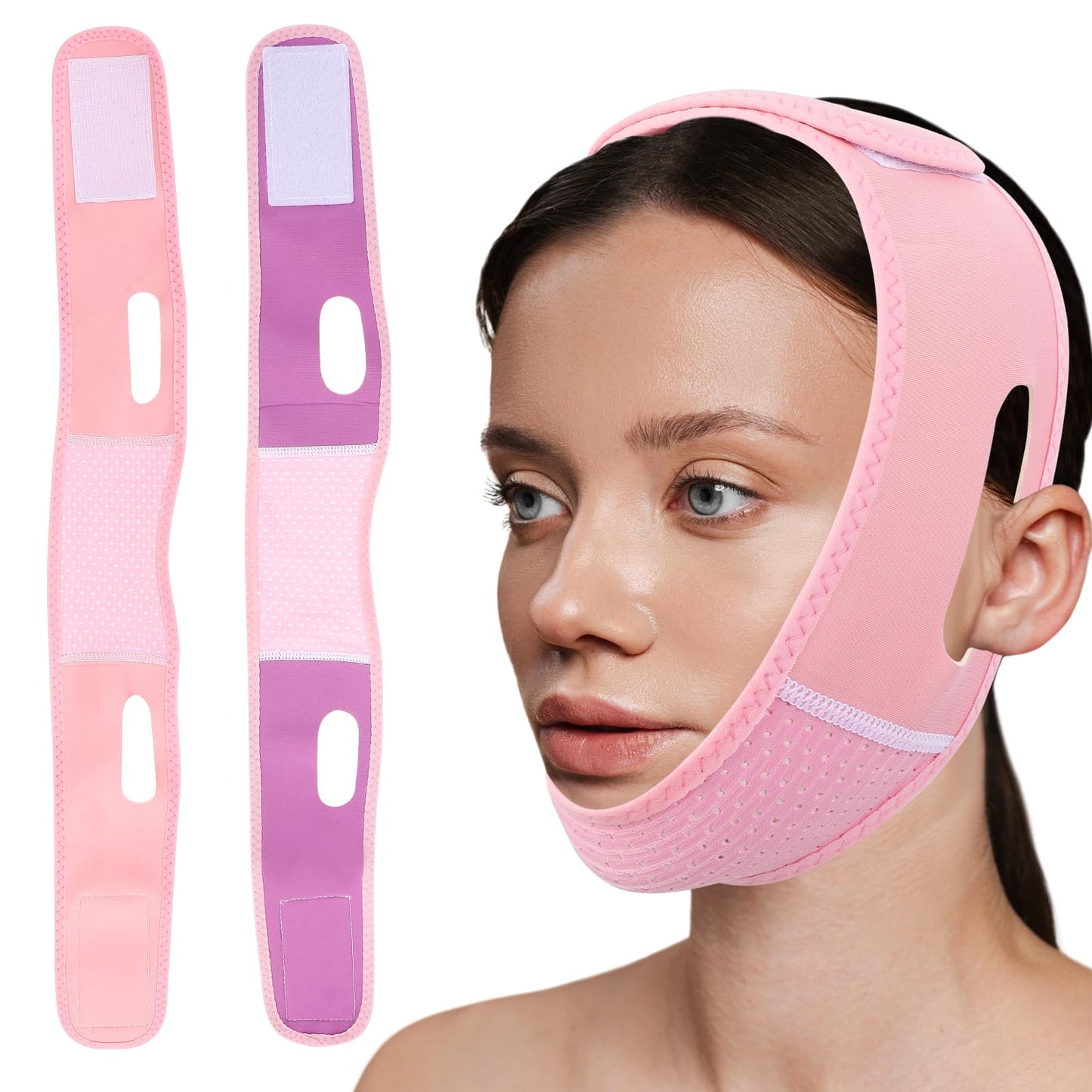 Reusable V Line Lifting Mask, Chin Up Mask Double Chin Reducer, V Shaped Face Lifting Strap Face Slimming, Jaw Exerciser for Women (Pink & Purple)
