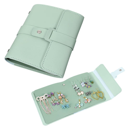 Fiyooau Stud Earring Organizer, Foldable Book Design Jewelry Book Organizer, Portable PU Leather Travel Earring Case Storage Bag for Women Girls, Green