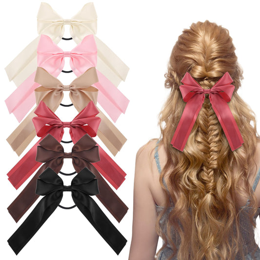 6pcs Silky Satin Hair Bows,Satin Hair Ribbon Bowknot Long Tail Ponytail Holder Hair Ties with Bows,Ribbon Hair Bows for Women Girls,Elastics Hair Scrunchies