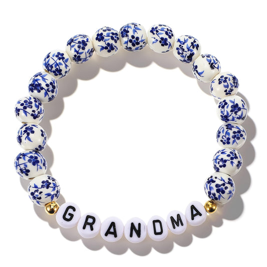 HekouJiub Blue White Bead Bracelet, Ceramic Chakra Bracelets with Letters, Bead Bracelets for Women， Birthday Day Gifts(GRANDMA)