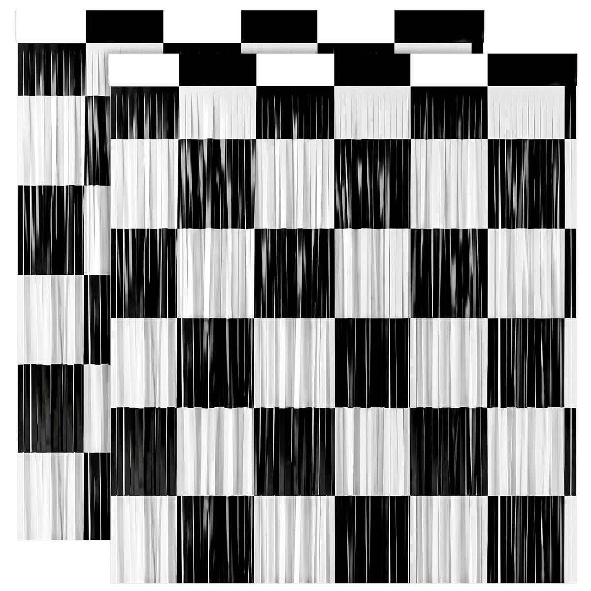 2Pcs Checkered Backdrop- Black White Checkered Backdrop Foil Streamer 1x 2m