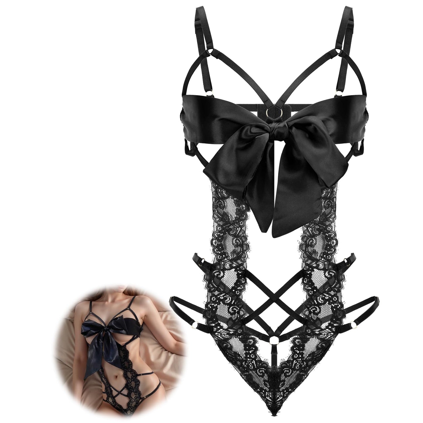 Telooco Women's Sexy Lingerie for Women Lace Bodysuit with Bow Tie Cutout Design One Piece Lingerie Sets for Women Sexy, Black, Black, One Size