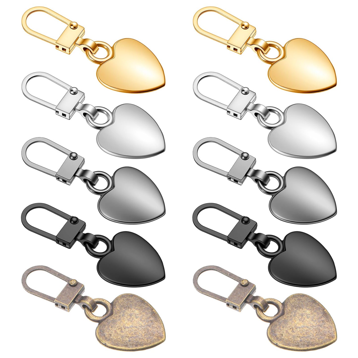 10 Pcs Zipper Pull - Heart Shaped Metal Zipper Pull Replacement - Multicolor Zippers Repair Fixer for Backpacks, Luggage, Coats, Jackets, Pants, Fasteners and Sewing Supplies