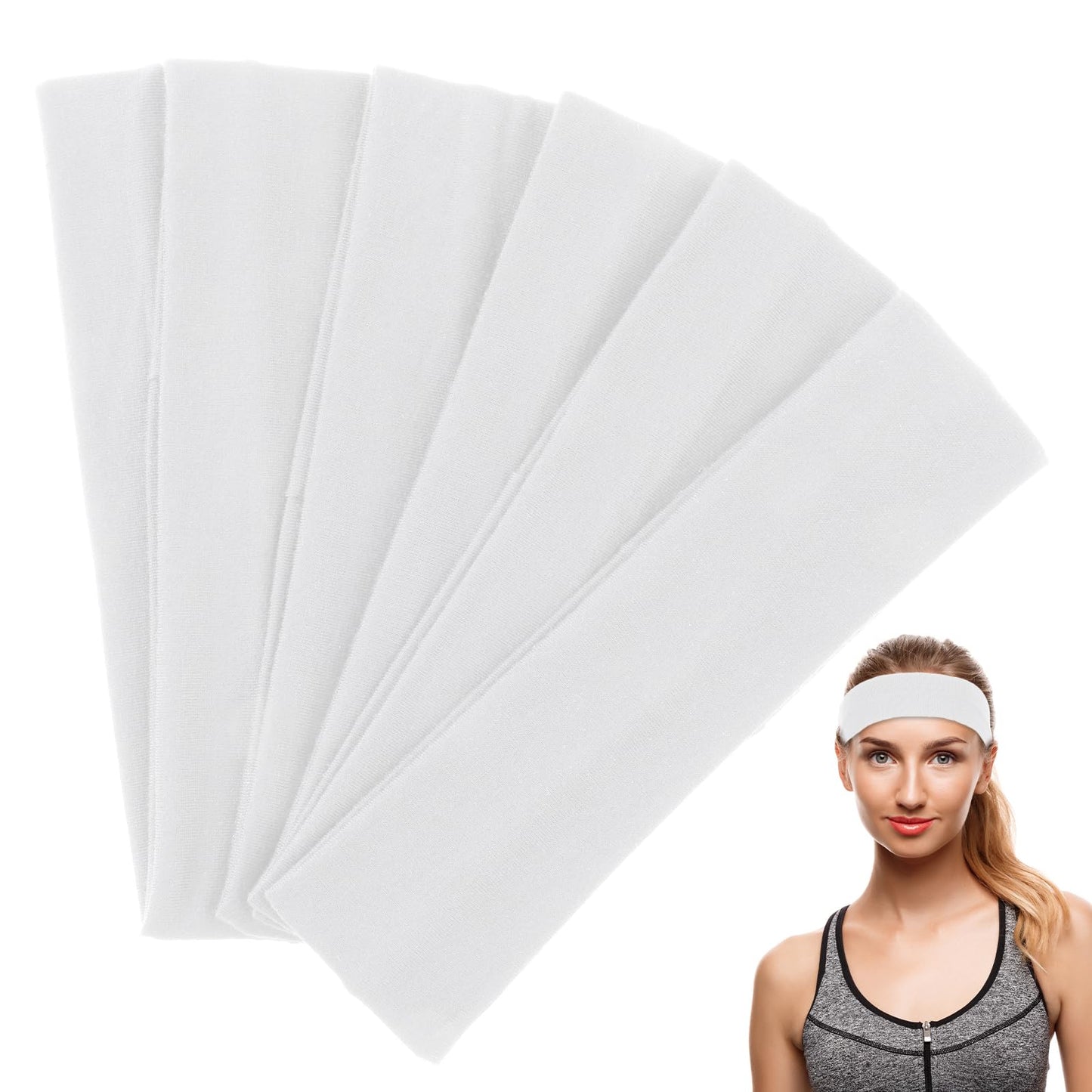 6Pcs White Sports Headbands for Women Elastic Cotton Non-Slip Workout Accessories for Women Yoga Supplies Boho Simple Running Sweat Hair Bandana