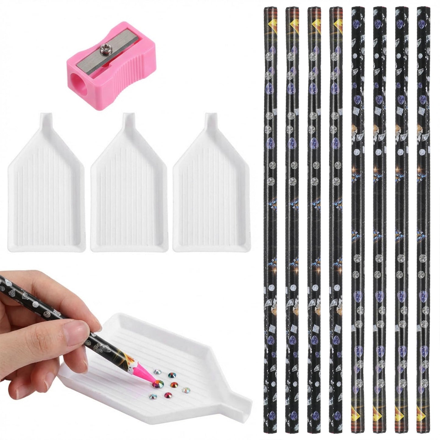 Rhinestone Picker Tool Kit for Diamond Paintin g – 8Pcs Wax Pencils with Strong Adhesive, 3Pcs Gem Beads Separator, Pencil Sharpener, Complete Bedazzling Tools for DIY Crafts, Nail Art, Rhinestone Art