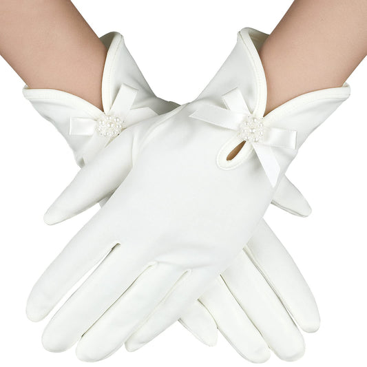 Yolev Short Satin Gloves Wrist Length Opera Gloves Bridal Wedding Glove Women's Gown Gloves for Prom Banquet Dance Party