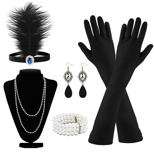 Lusofie 7Pcs 1920s Flapper Accessories Set with Flapper Headband Black Long Gloves Pearl Necklace Earrings Retro Style Gatsby Accessories for Women Halloween Cosplay Party