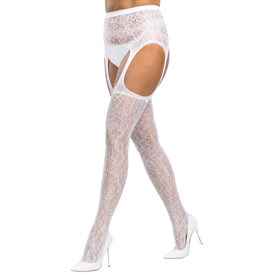 Fiyooau White Fishnet Stockings with Garter, Sexy Garter Stockings Thigh High Lace Garter Belt Suspender Pantyhose for Women