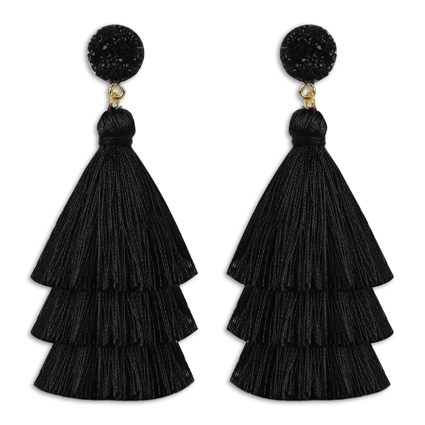 Layered Tassel Earrings Bohemian Tiered Tassel Thread Earrings Fringe Dangle Drop Earrings for Women Teen Girls (Black)