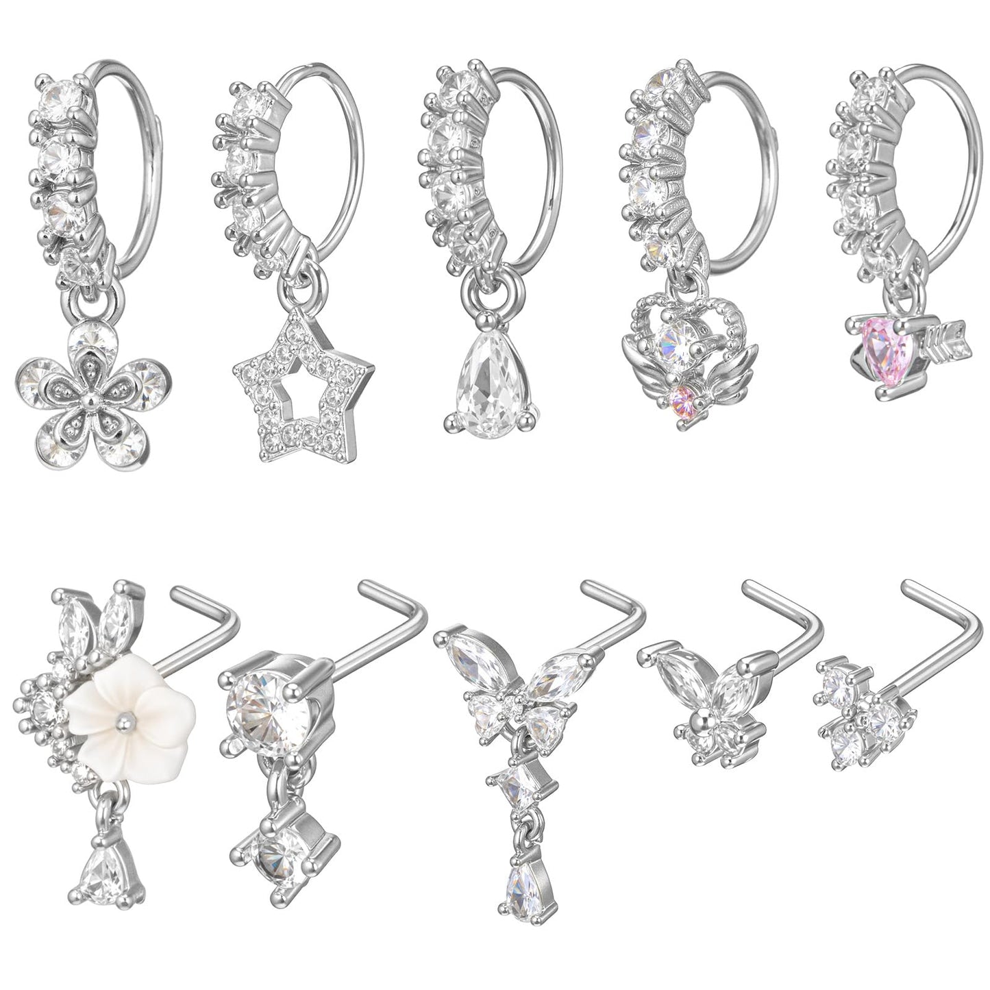 Fiyooau 10Pcs 20g Silver Dangle Nose Ring L Shaped Nose Studs Dangling Nose Ring Hoops Cute CZ Flower Star Butterfly Heart Dangly Nose Piercing Jewelry for Women