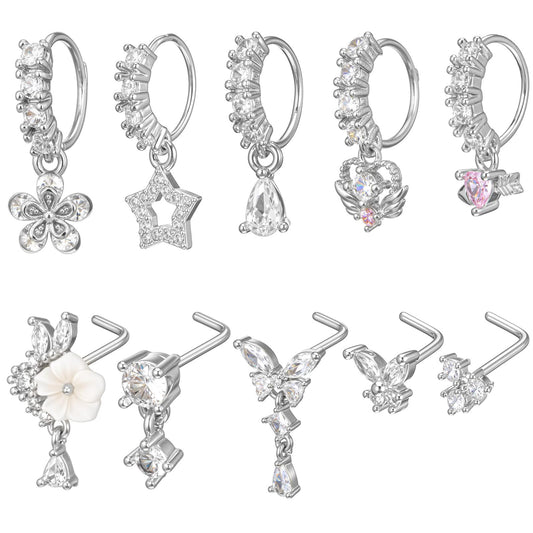 Fiyooau 10Pcs 20g Silver Dangle Nose Ring L Shaped Nose Studs Dangling Nose Ring Hoops Cute CZ Flower Star Butterfly Heart Dangly Nose Piercing Jewelry for Women