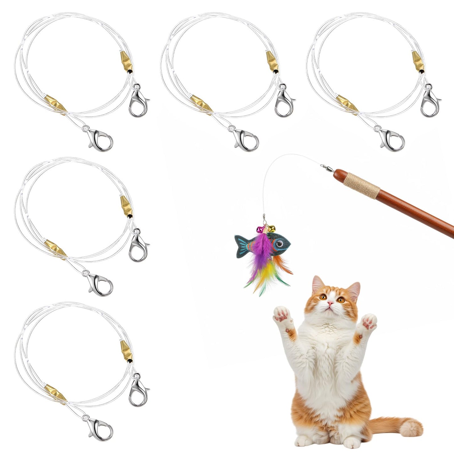 Tucnoeu Replacement Strings for Cat Wand Toy - 5pcs Durable Nylon & Stainless Steel Strings with Lobster Clasps for All Lures, Cat Stick - 22in Long, Universal Fit