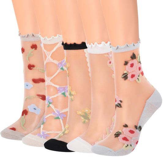 HaiFafafaing Sheer Floral Socks For Women, Thin Transparent Ankle Socks, Colorful Candy Flower Patterned Nylon See Through Sock for Women