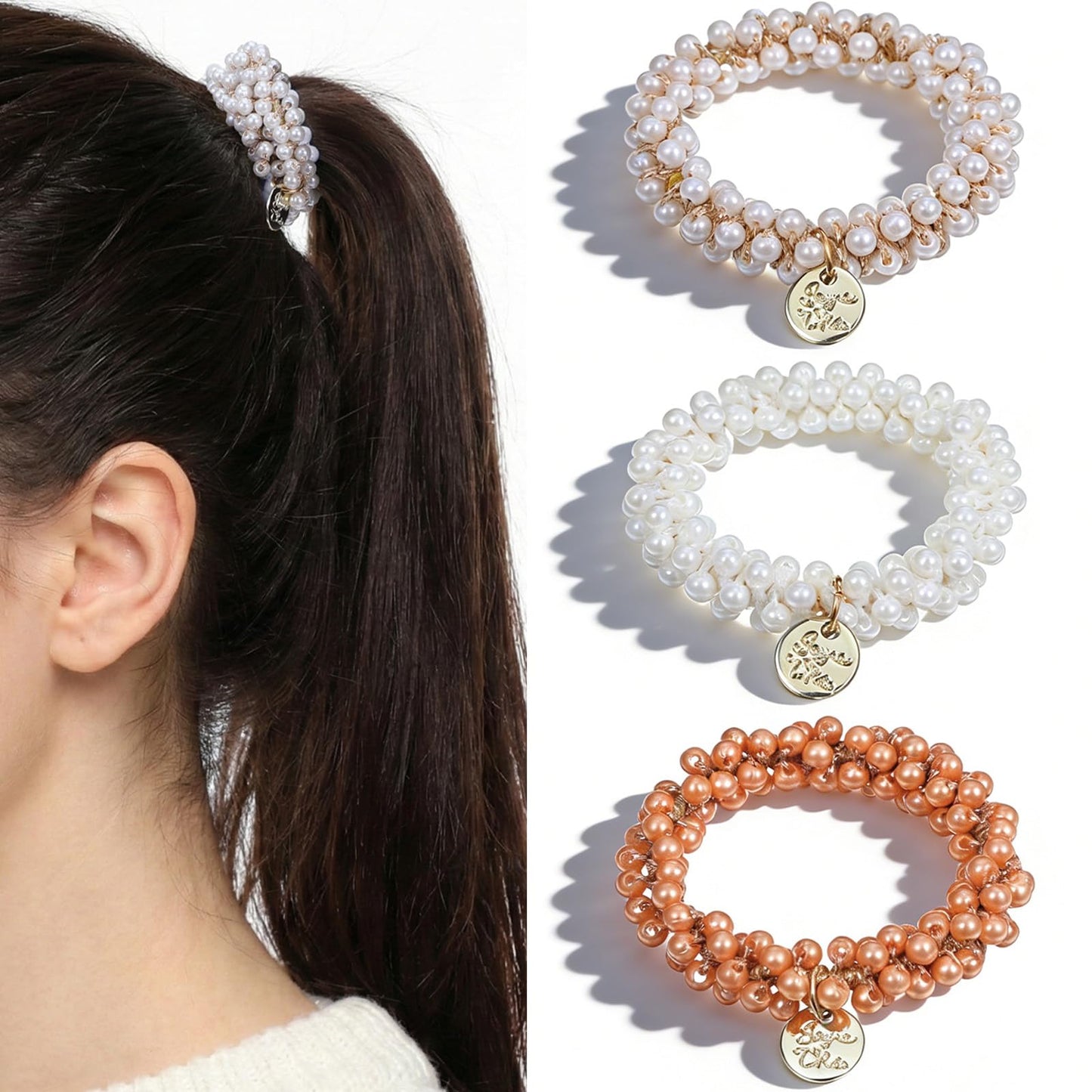 3 PCS Pearl Scrunchies Beaded Hair Ties, Fancy Pearl Ponytail Holder, Beaded Elastic Scrunchies Hair Accessories for Women and Girls