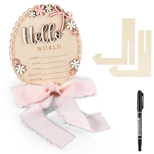 Baby Announcement Sign, Wooden Hello World Newborn Welcome Sign, Bow Birth Stats Signs Newborn Photo Prop, Monthly Milestone Wood Discs(Ribbon)