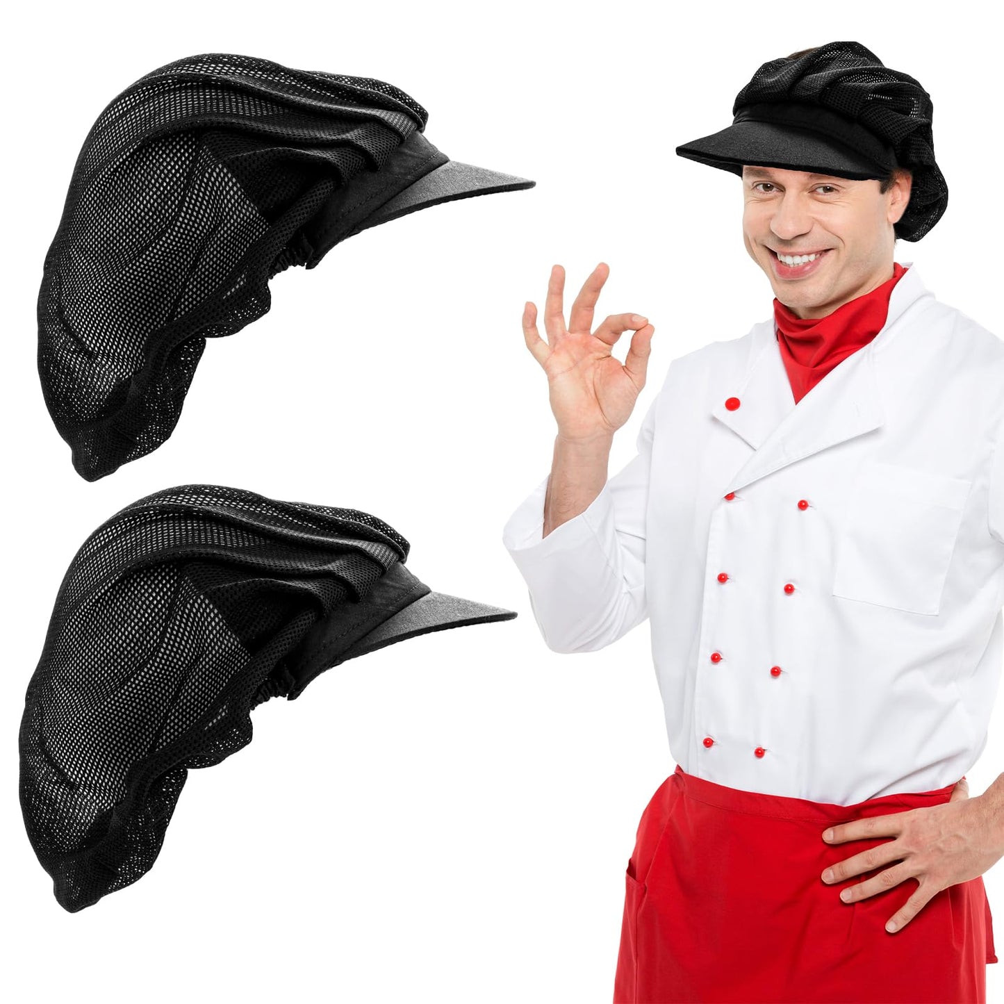 Telooco 2Pcs Black Chef Hat with Brim Adjustable Breathable Hair Nets Suitable Baker Chef Women Men for Cooking Catering Food Service