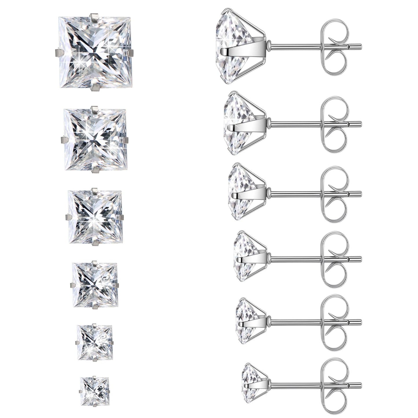 6 Pairs Square Stud Earrings for Women Men - Surgical 316L Stainless Steel & Cubic Zirconia (CZ), Cubic Zirconia Earrings Studs Set in 6 Sizes (3-8mm), Silver Minimalist Jewelry Gift