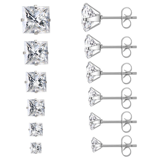 6 Pairs Square Stud Earrings for Women Men - Surgical 316L Stainless Steel & Cubic Zirconia (CZ), Cubic Zirconia Earrings Studs Set in 6 Sizes (3-8mm), Silver Minimalist Jewelry Gift