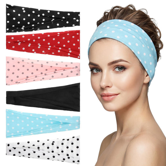 6PCS Wide Polka Dot Headbands, Non-Slip Elastic Polkadot Headband