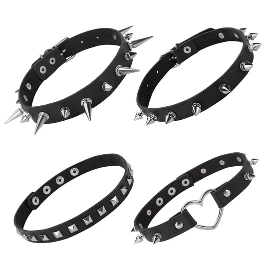 Yolev Black PU Leather Choker 4Pcs Vintage Spike Ring Gothic Punk Choker Fancy Dress Rock Choker Necklace Leather Collar Choker For Women Men Accessory